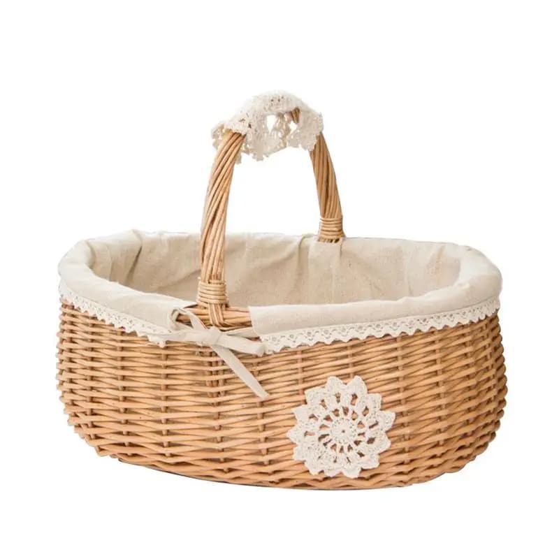 Natural wicker basket with a beige fabric lining and handle