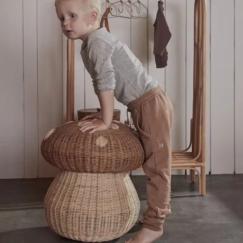 Mushroom-shaped handwoven rattan storage basket – shown in use (2)