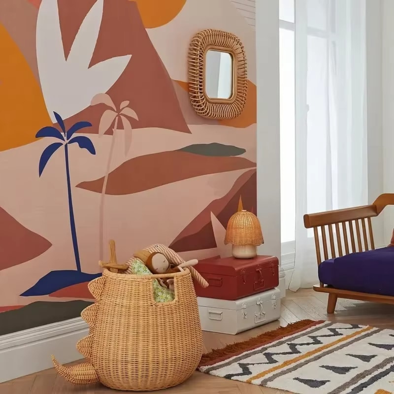 Dinosaur-shaped handwoven rattan toy basket – shown in a room setting