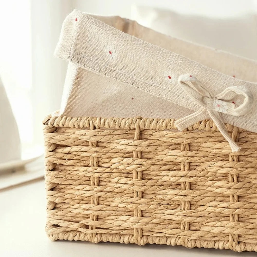 Retro rectangular rattan storage basket with a tight weave – close-up detail