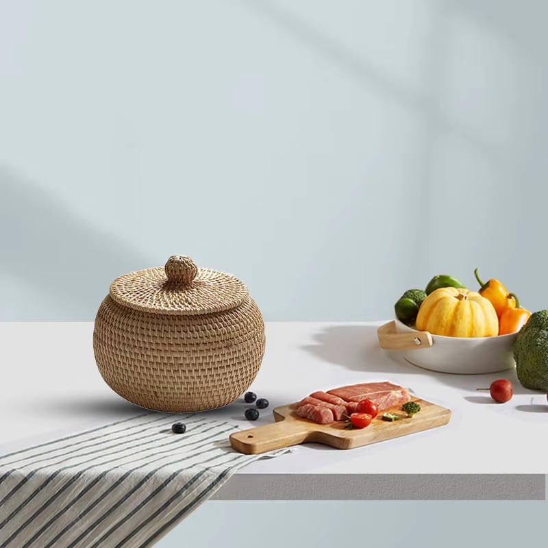 Retro round rattan storage basket with bulging sides and a braided lid – shown in a room setting (2)
