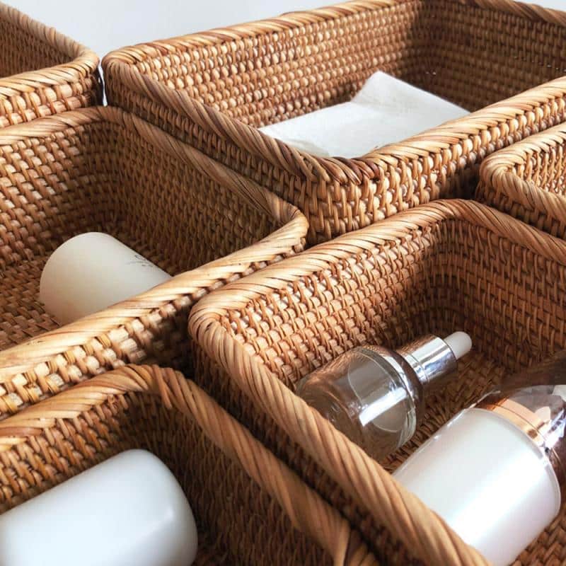 Rectangular rattan vanity organizer basket with clean edges – shown in a room setting (3)
