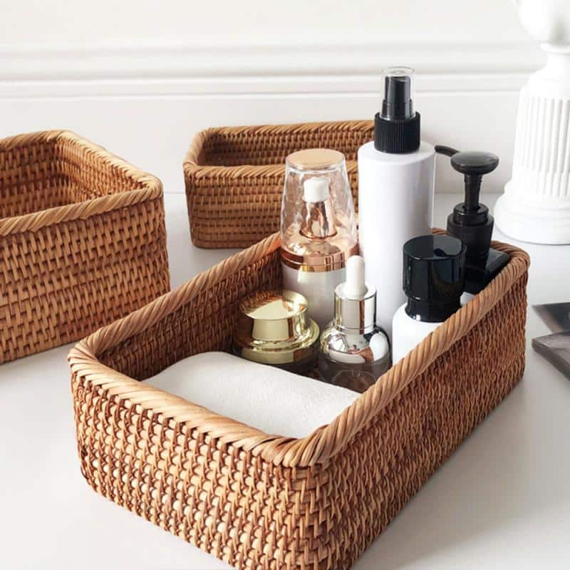 Rectangular rattan vanity organizer basket with clean edges – shown in a room setting