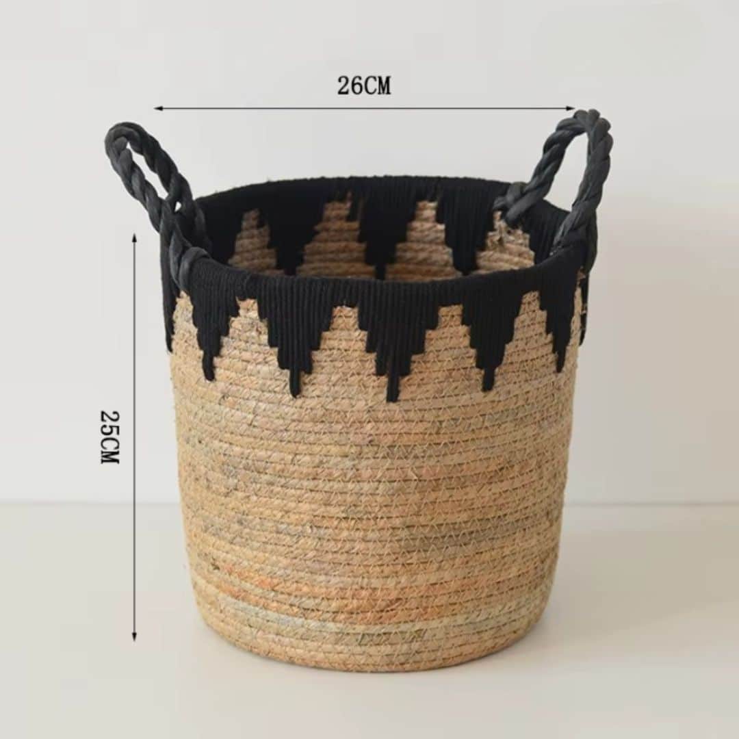 Round handwoven rattan basket with a triangle pattern – dimensions diagram
