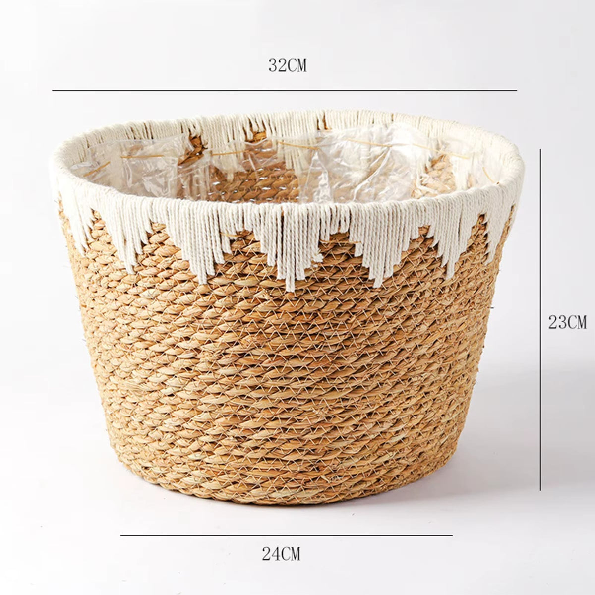 Round handwoven rattan basket with a white geometric pattern – dimensions diagram