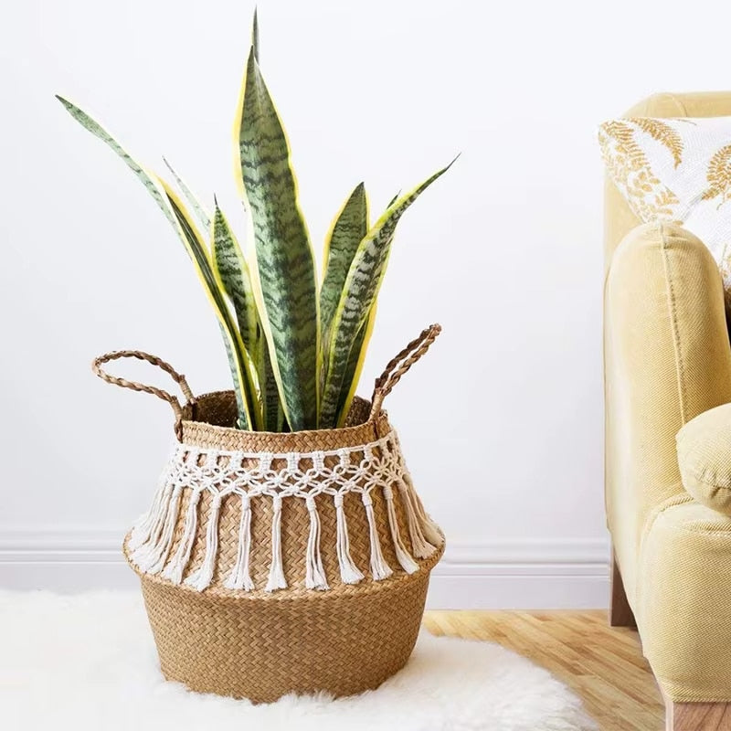 Rustic rattan basket with white macramé fringe around the base – shown in a room setting