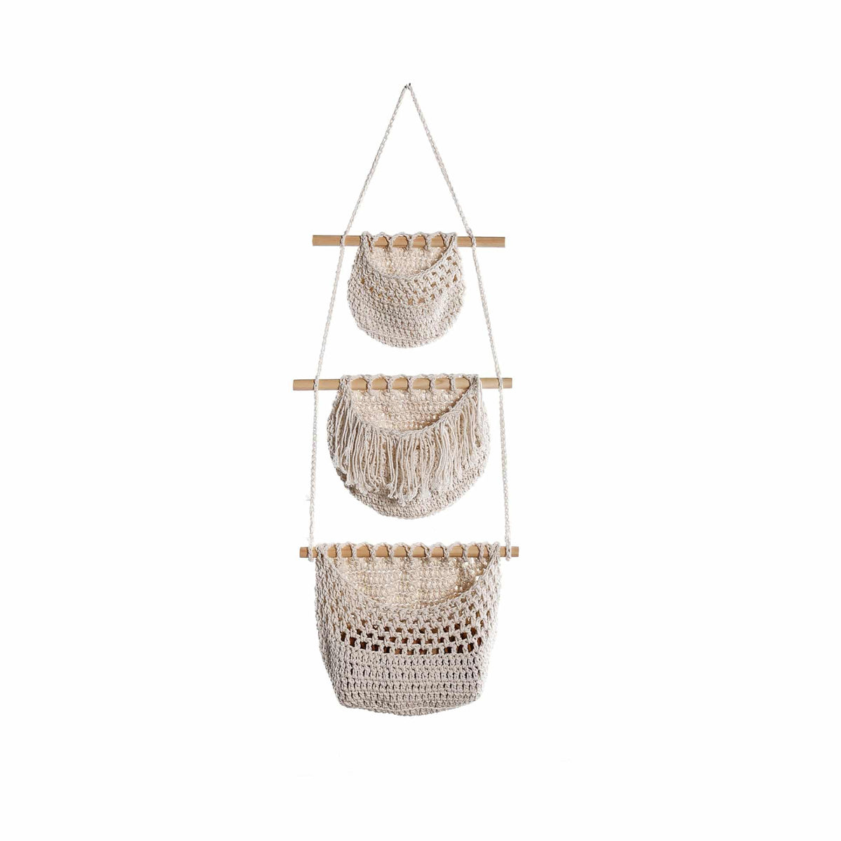 Three-tier woven wall hanging basket – white variant, another view