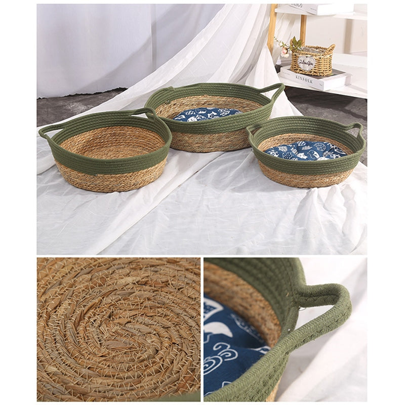 Green rattan dog bed with a plush cushion – multiple views