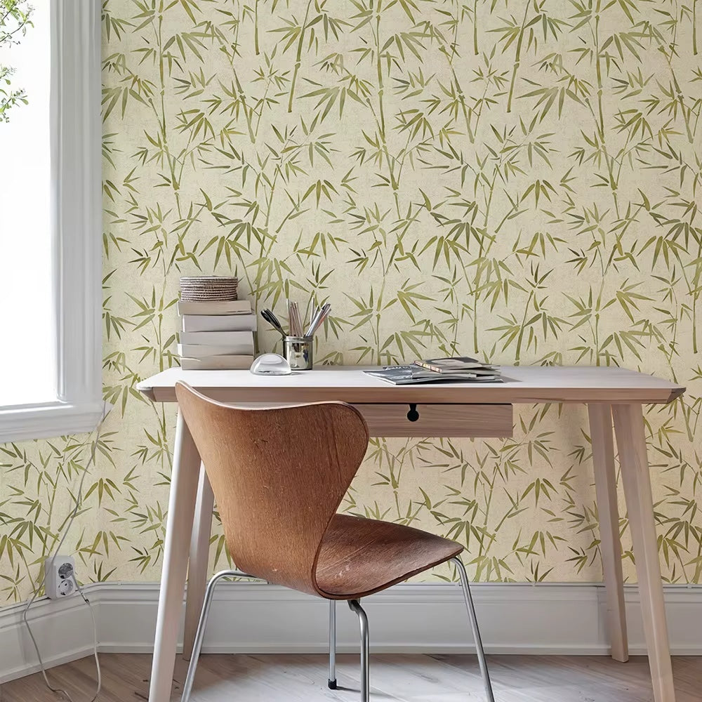 Vintage beige bamboo wallpaper with vertical stems – shown in a room setting (2)