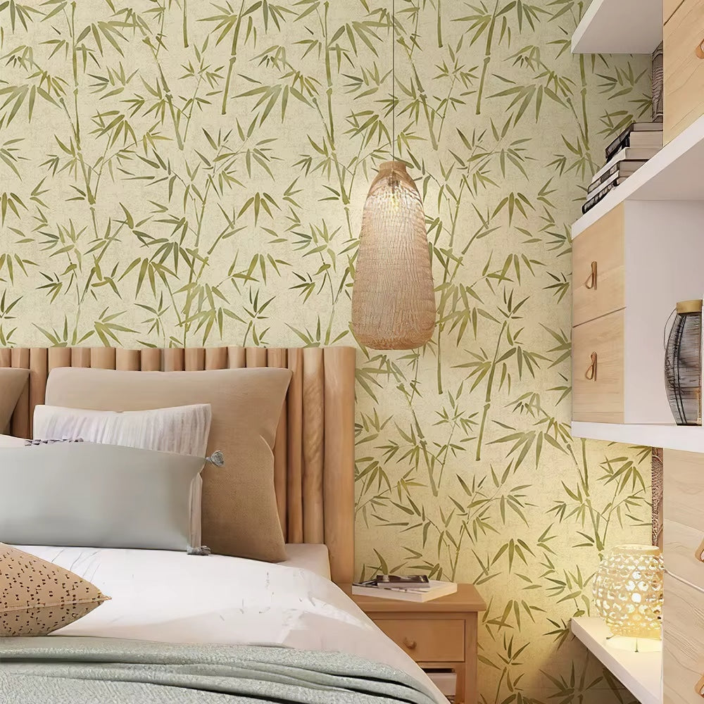 Vintage beige bamboo wallpaper with vertical stems – shown in a room setting (3)