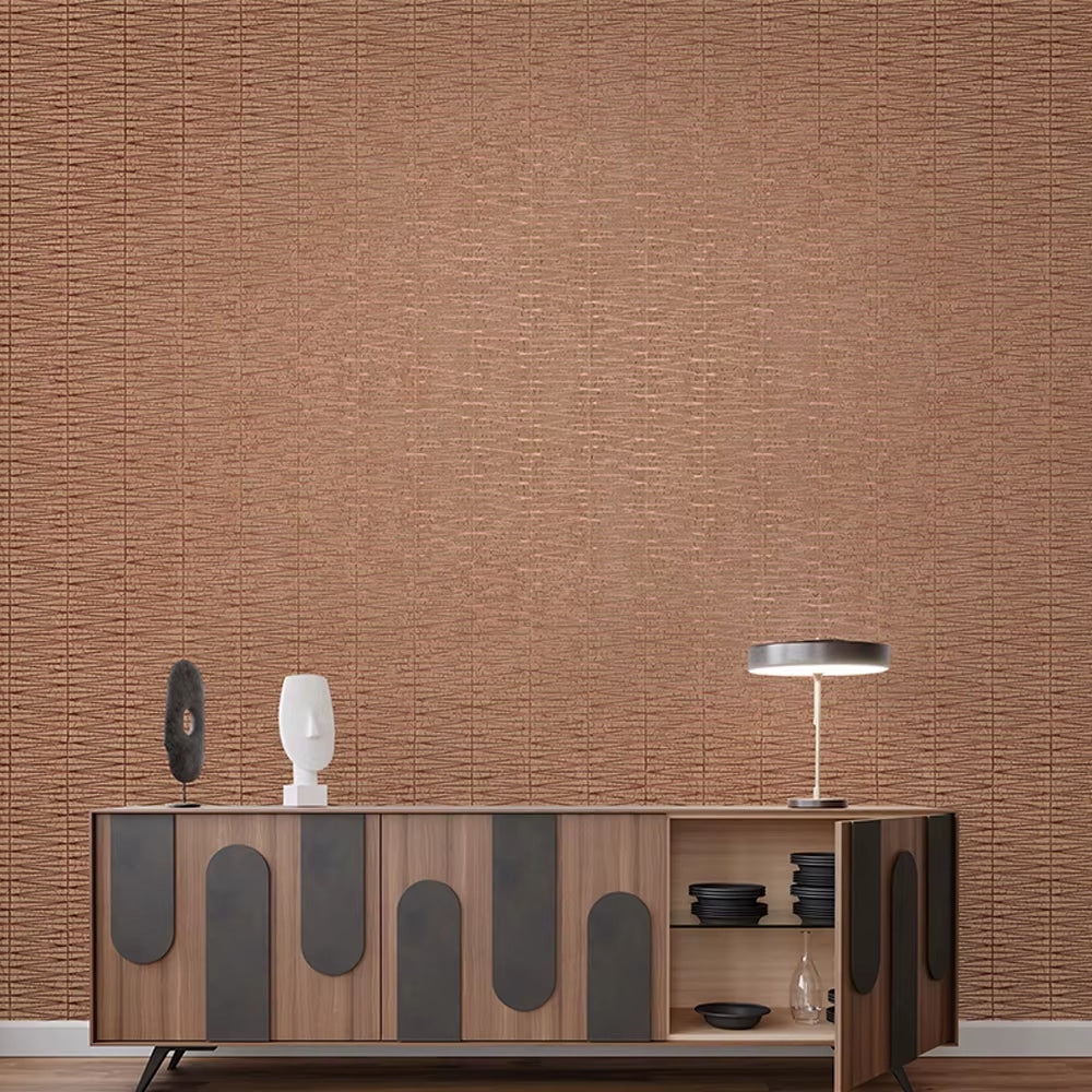 Bark-effect wallpaper in warm veined wood tones – shown in a room setting