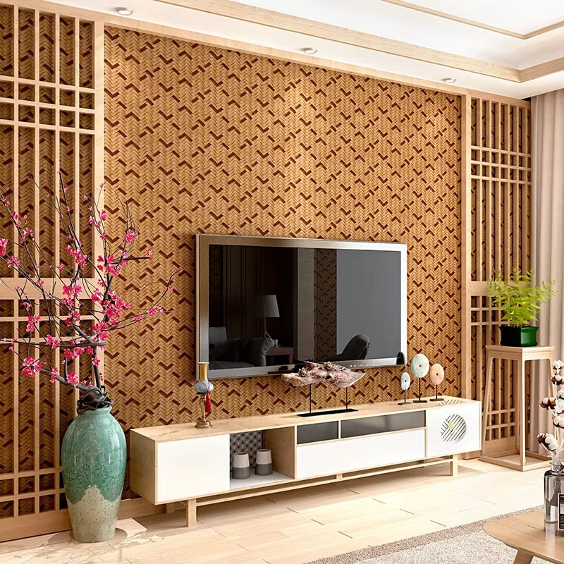 Woven-effect wallpaper with muted natural tones – shown in a room setting