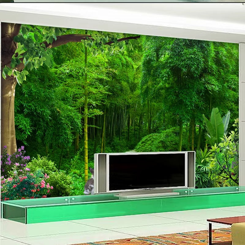 Bamboo forest print wallpaper in layered greens – shown in a room setting (2)