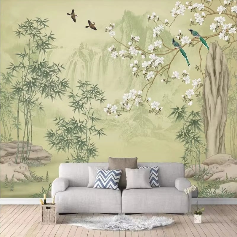 Wallpaper with bamboo stems, magnolia blooms and birds – close-up detail