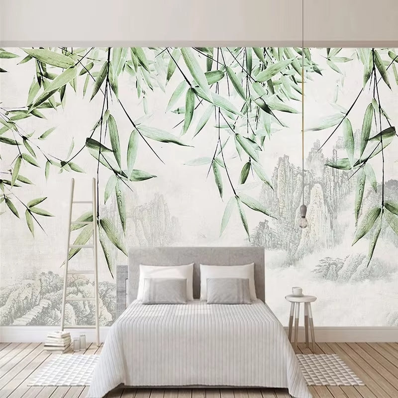 Wall mural of bamboo stems against distant mountains – shown in a room setting (2)