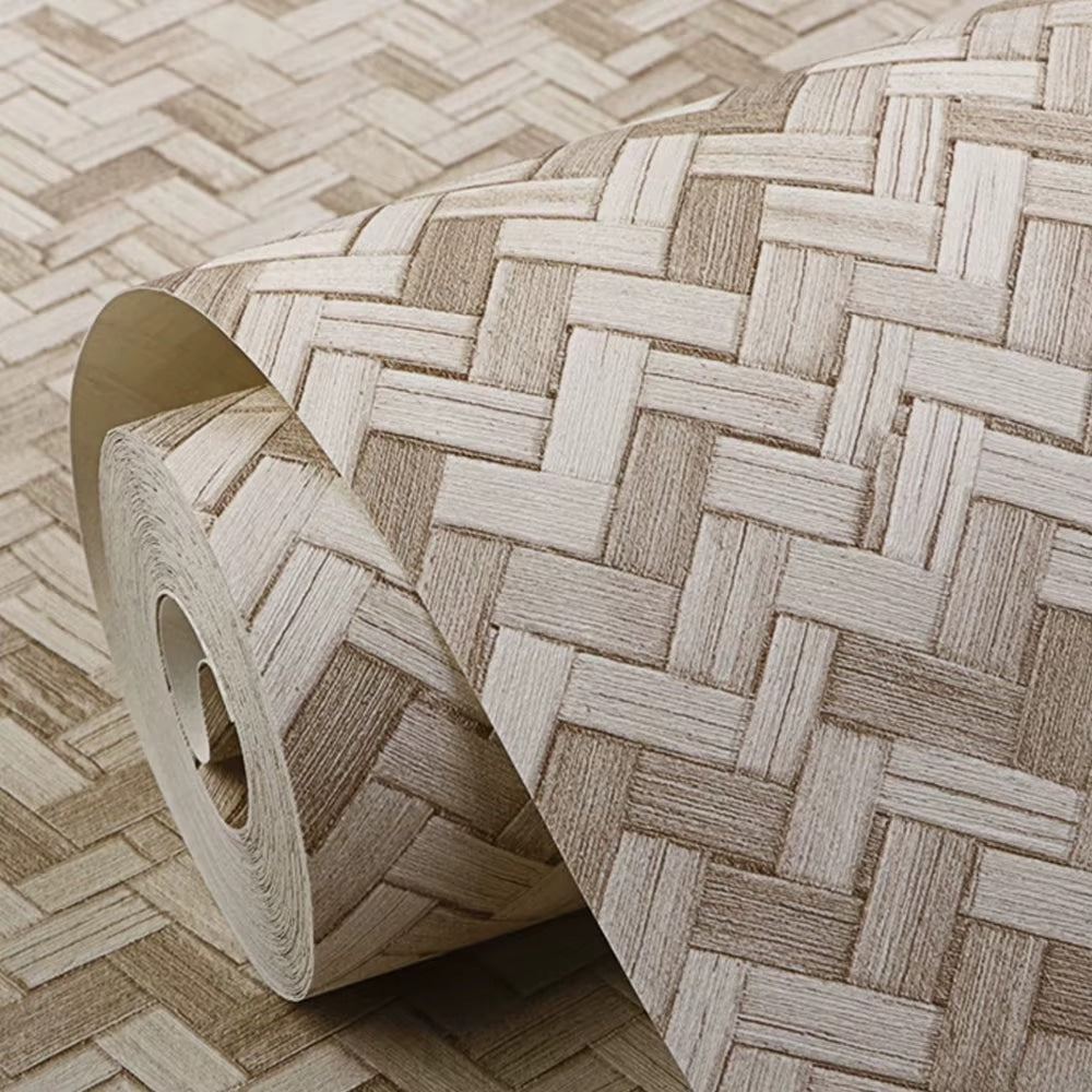 Geometric bamboo pattern wallpaper on a living room wall – close-up detail