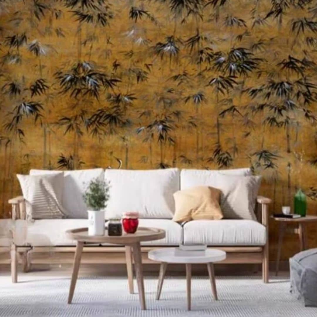 Wallpaper printed with bamboo stems and perched birds – shown in a room setting