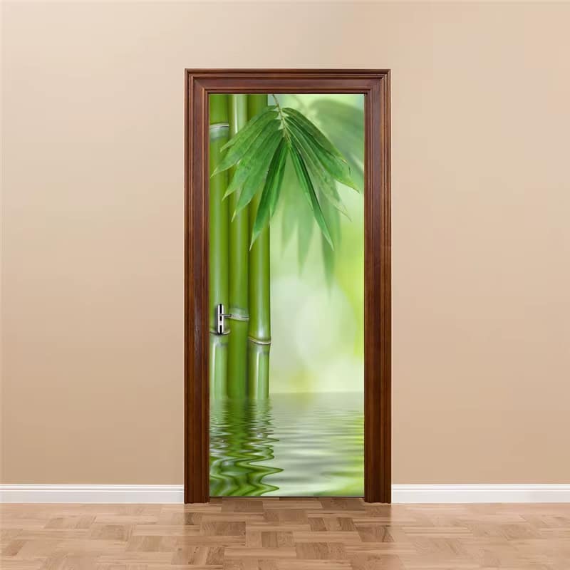 Green bamboo mural applied to a door – shown in a room setting