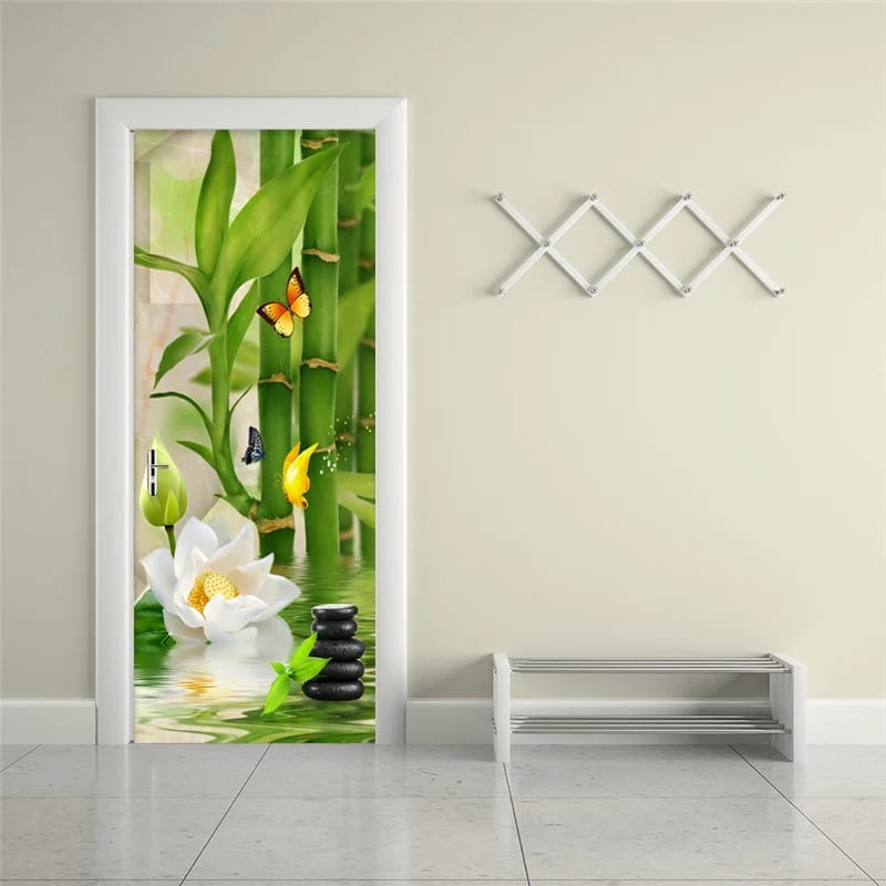 Waterproof vinyl wallpaper with bamboo and flowers on a light ground – shown in a room setting
