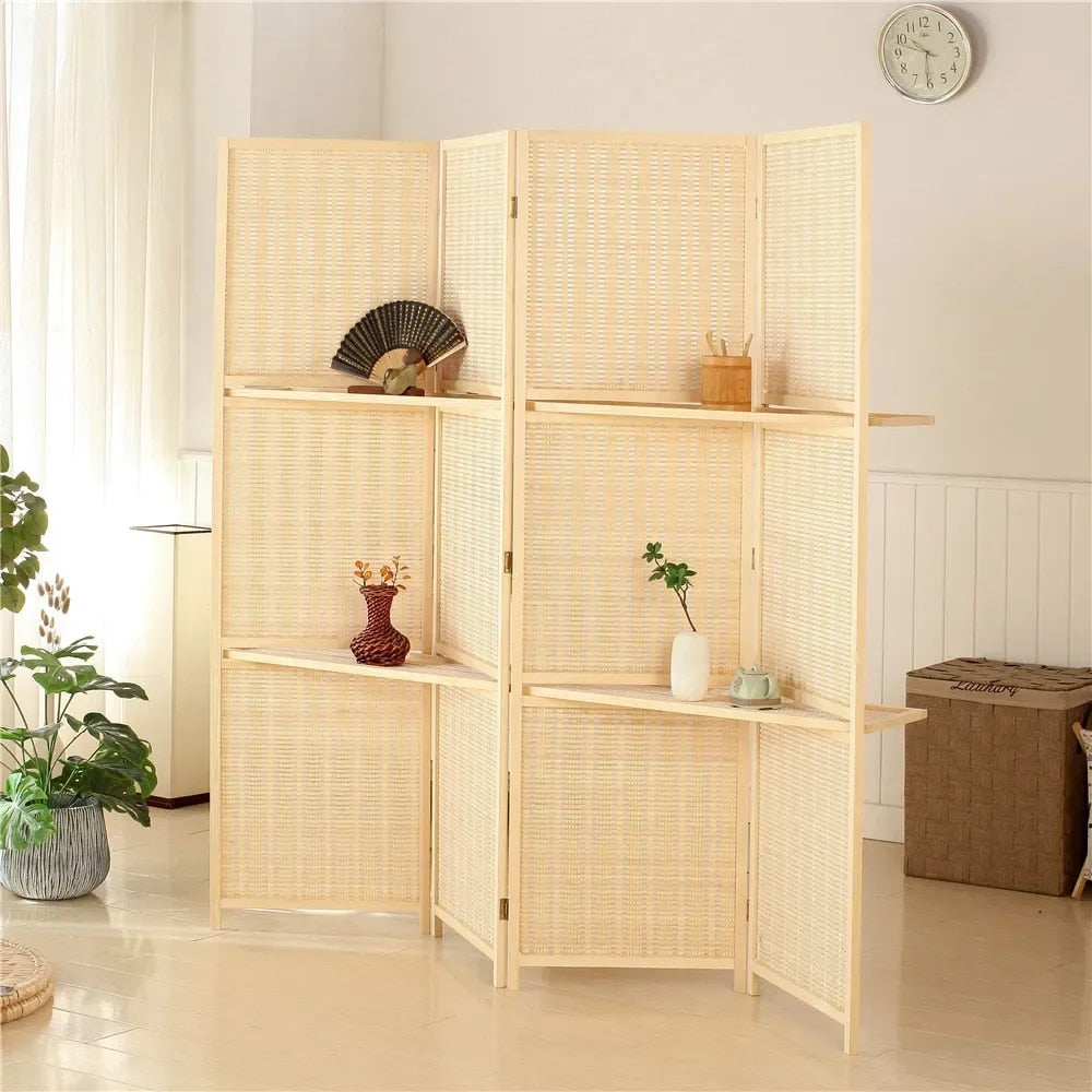 Woven bamboo room divider with integrated shelves – shown in a room setting