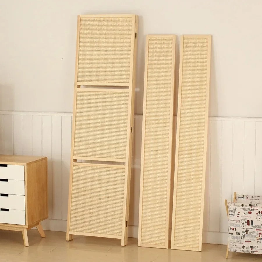 Woven bamboo room divider with integrated shelves – another view