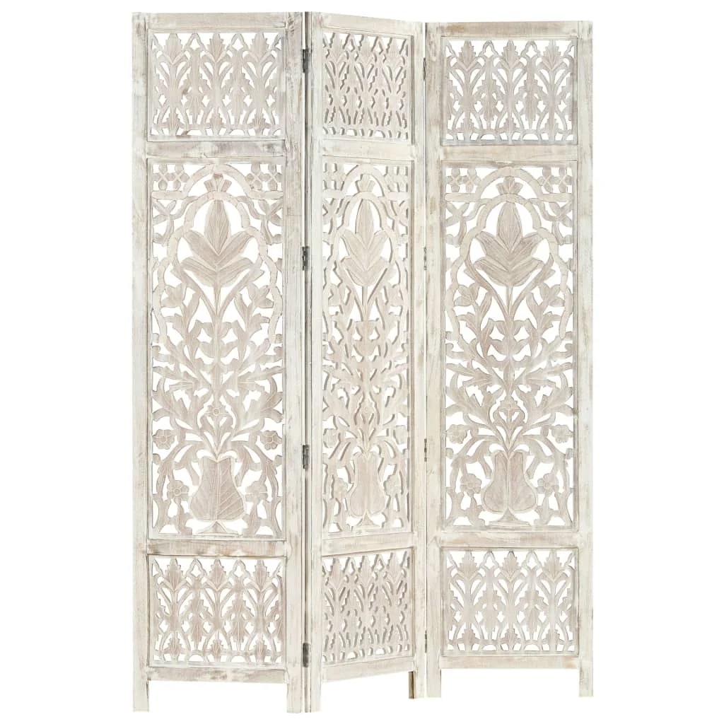 Three-panel gray mango wood room divider with hand-carved geometric motif