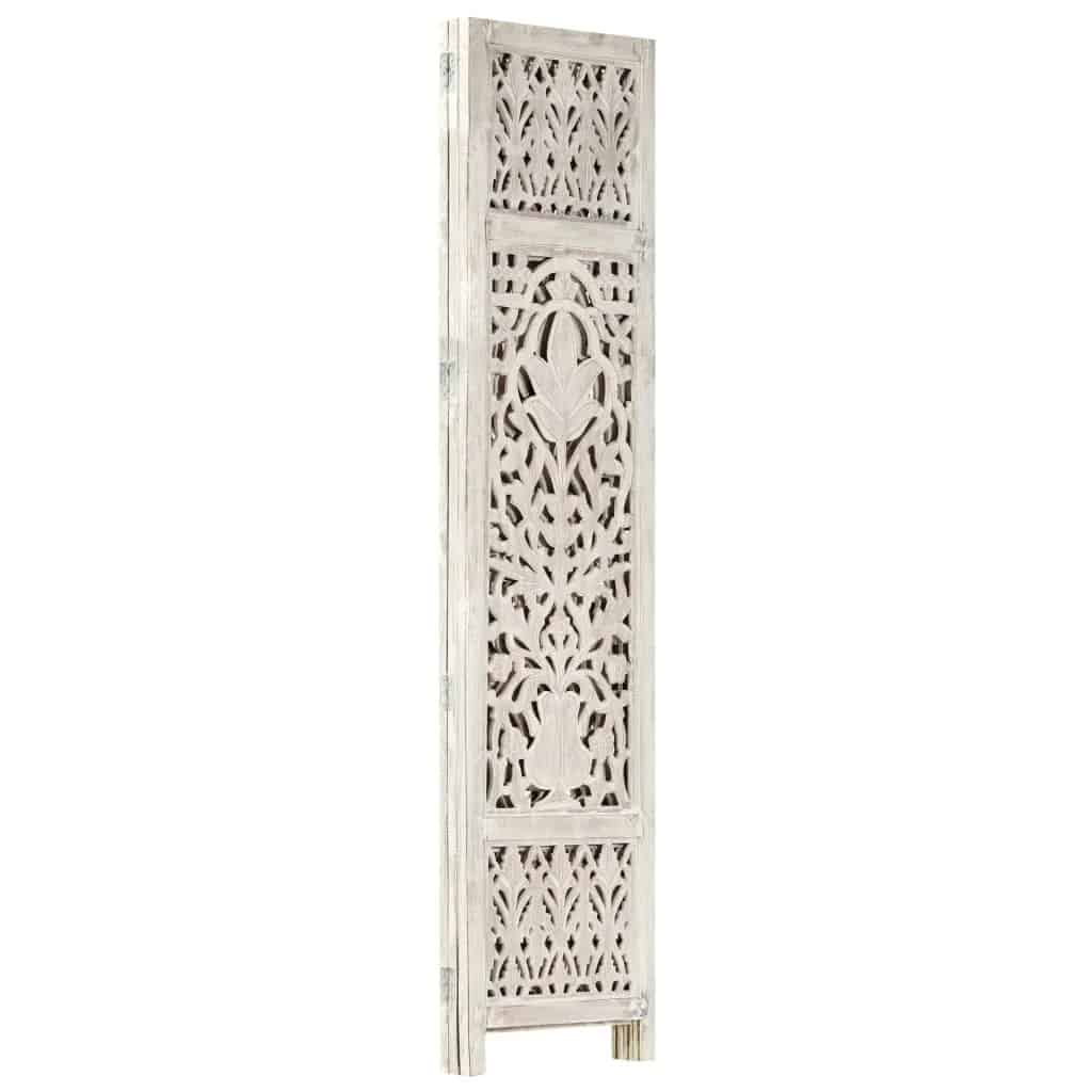 Three-panel gray mango wood room divider with hand-carved geometric motif – another view