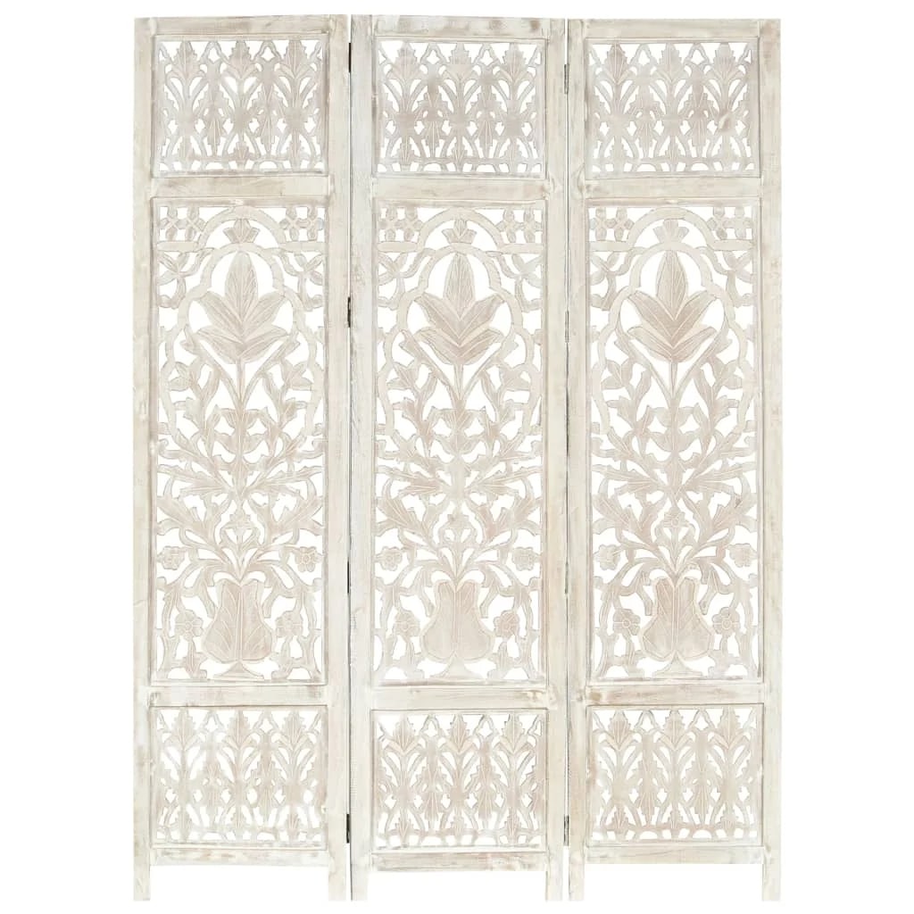 Three-panel gray mango wood room divider with hand-carved geometric motif – another view (2)