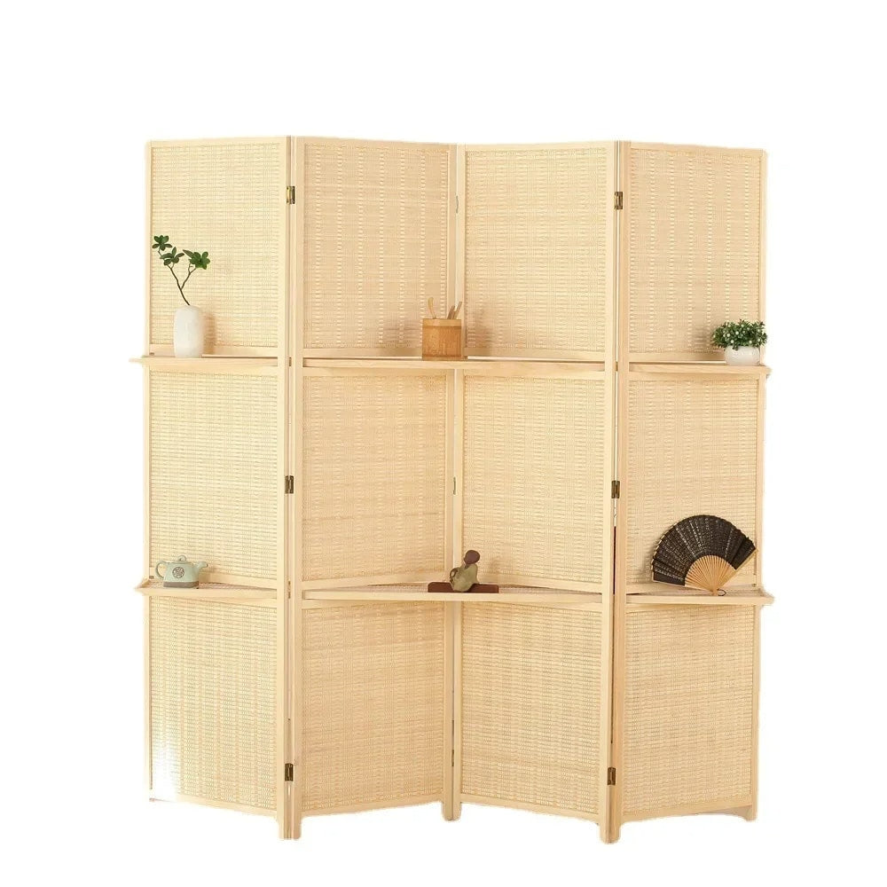 Four-panel woven bamboo room divider with a honeycomb pattern