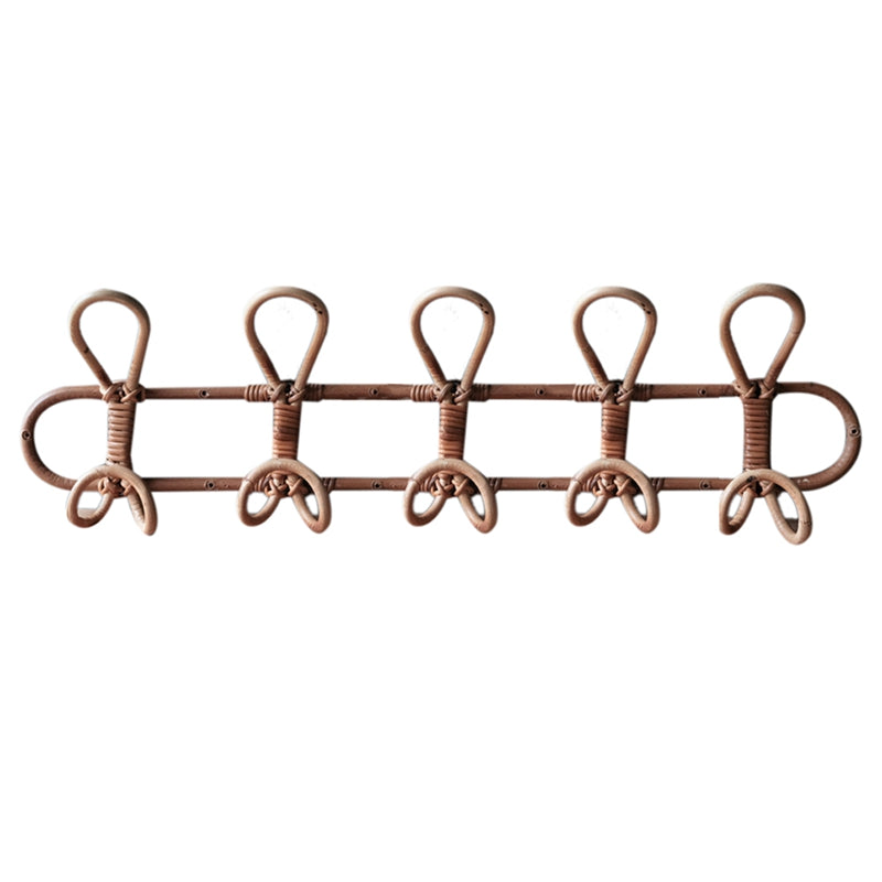 Vintage-style dark rattan coat rack with five hooks