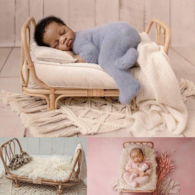 Small openwork rattan baby bed – shown in a room setting