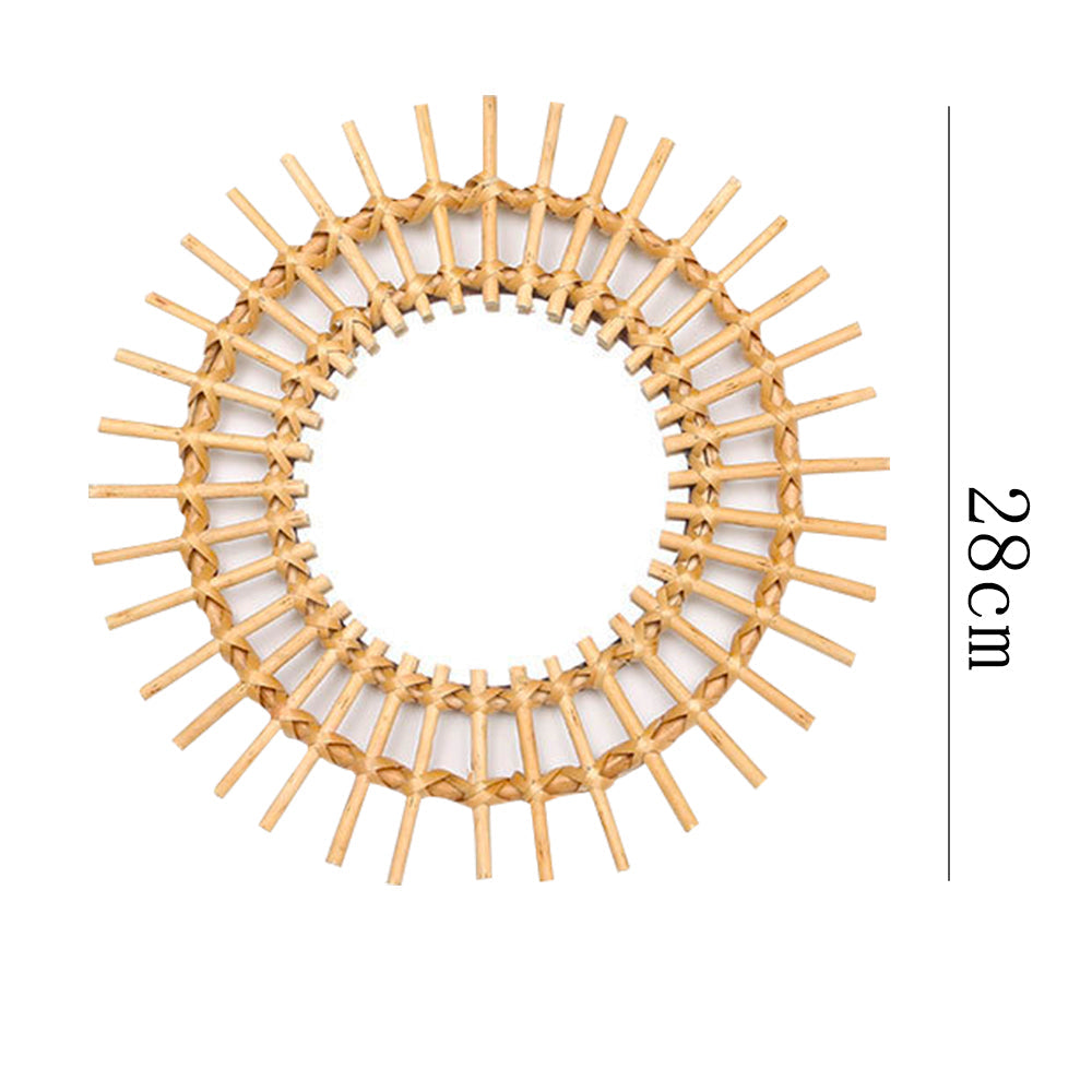 Small golden rattan sun mirror with hand-braided rays – dimensions diagram