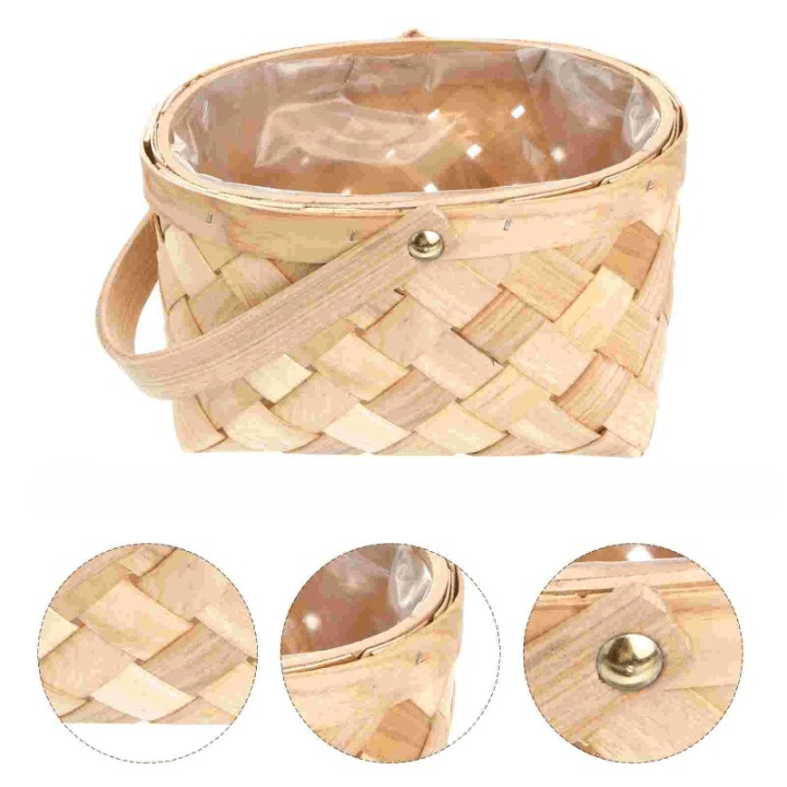 Small woven wicker basket with a wooden handle – multiple views