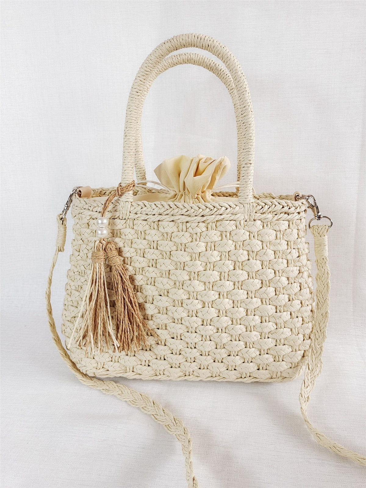 Small rattan handbag with rigid handles and a removable strap – beige variant, another view