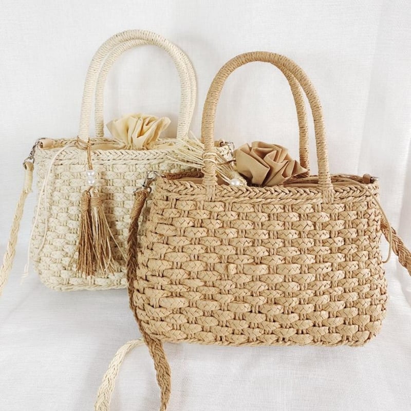 Small rattan handbag with rigid handles and a removable strap – multiple views