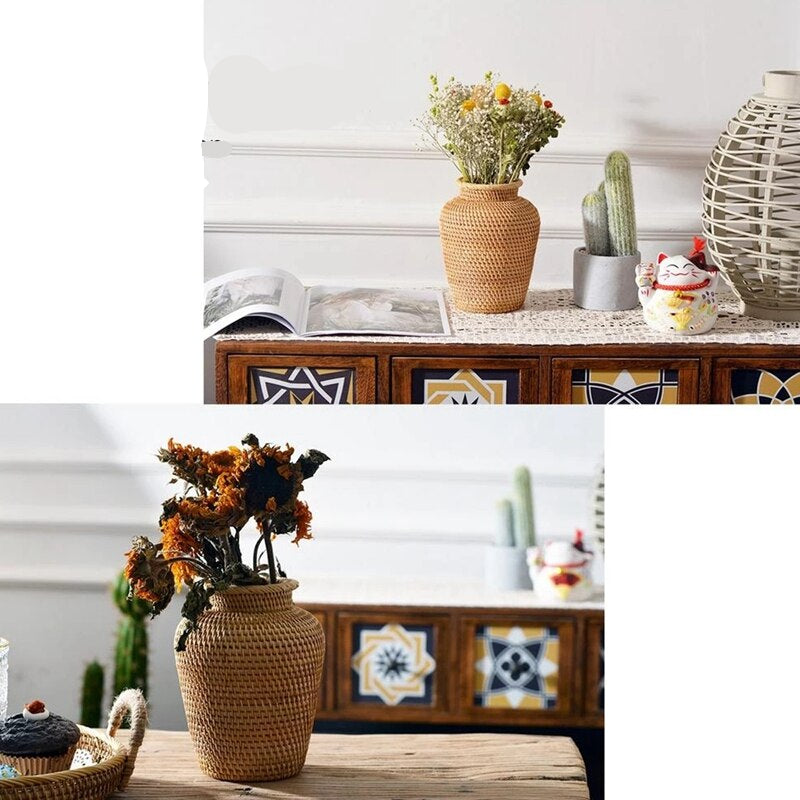 Small slender hand-braided wicker and rattan vase – shown in a room setting (3)