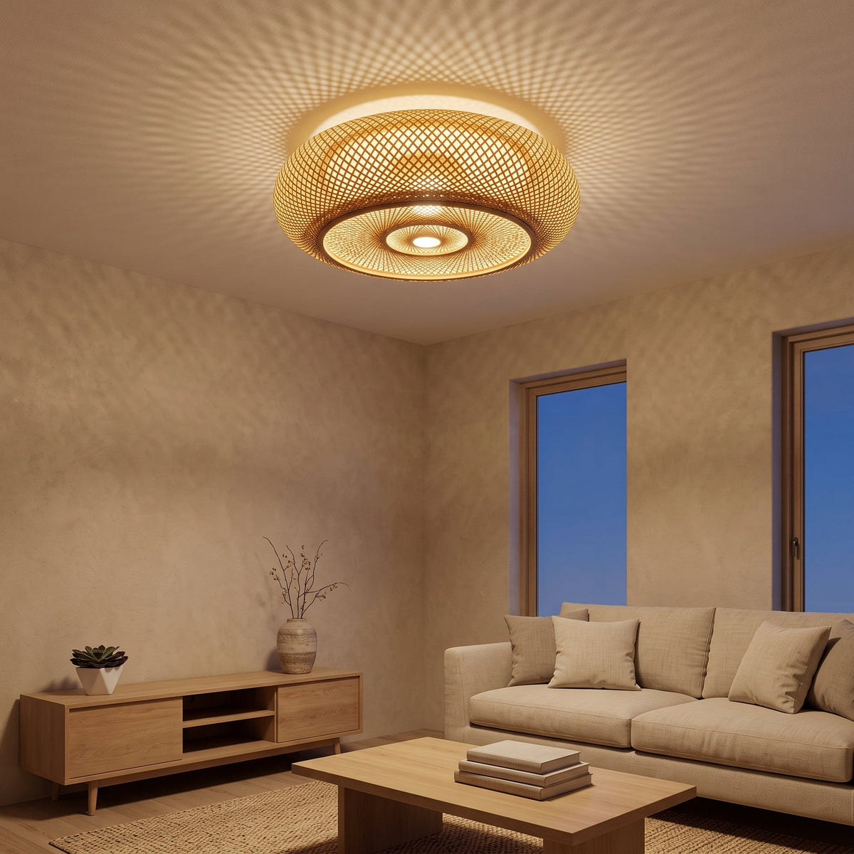 Large flat woven bamboo lantern ceiling light – shown lit in a room setting
