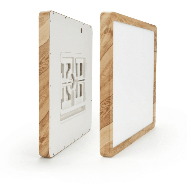 Square wood frame LED ceiling light in Scandinavian style – close-up detail (2)