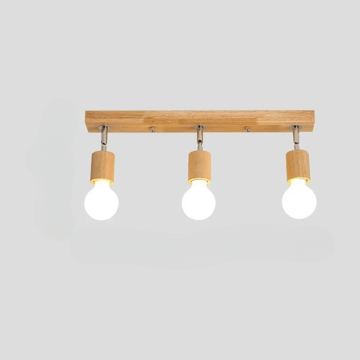 Three-head wood LED ceiling light with adjustable heads – shown lit