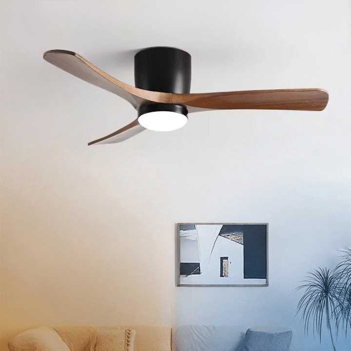 Nordic natural wood LED ceiling light with fan blades – shown in a room setting (2)