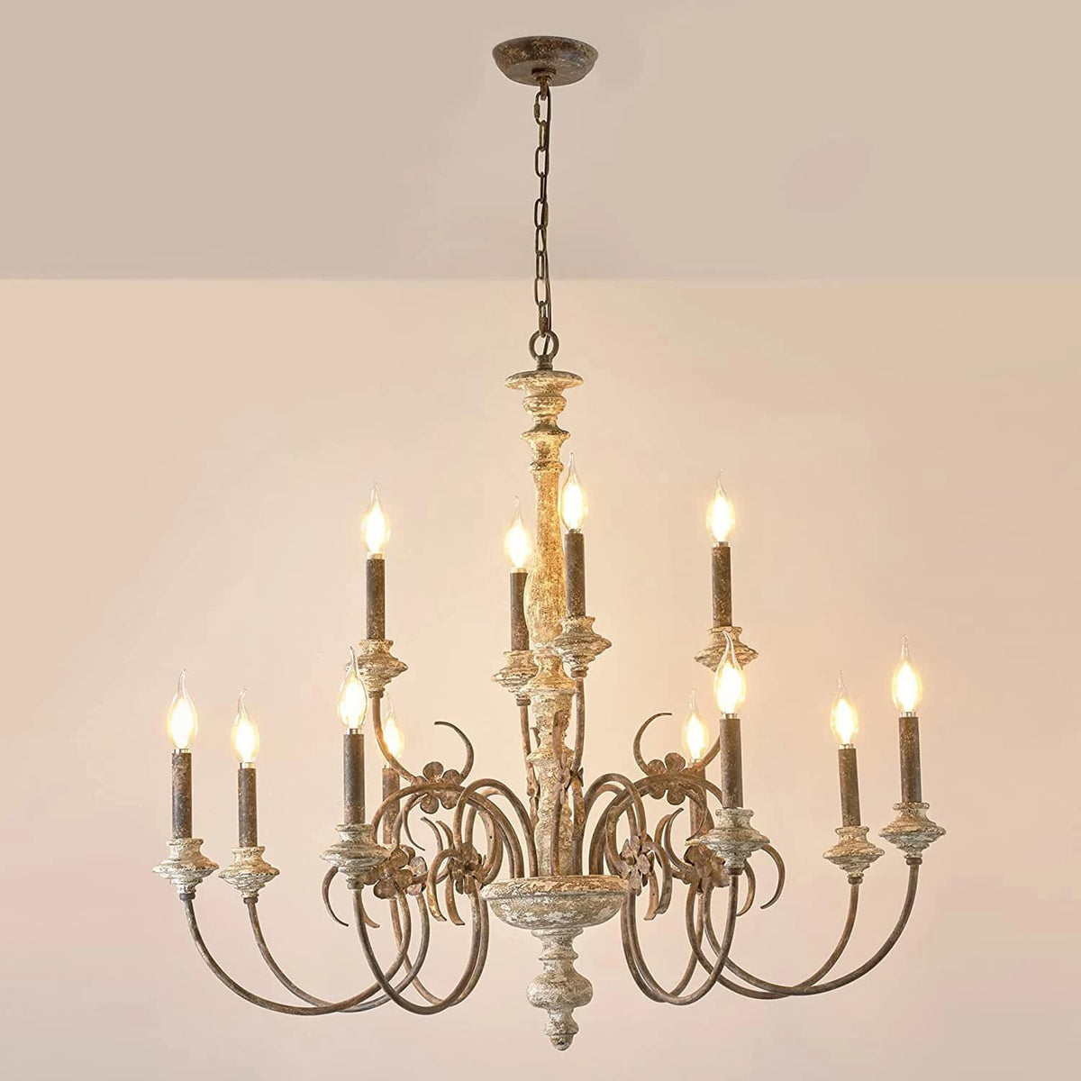 Wood and wrought iron candle-style LED ceiling light – shown in a room setting