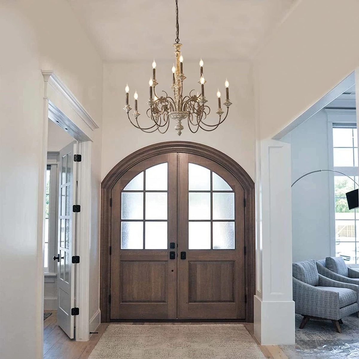 Wood and wrought iron candle-style LED ceiling light – shown in a room setting (2)