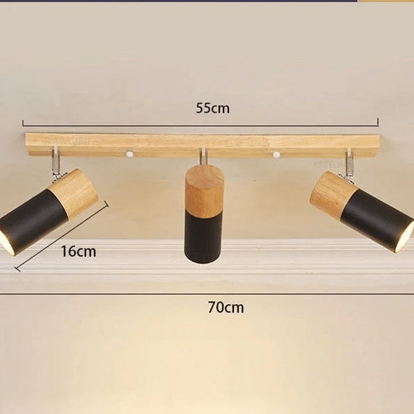 Three-head wood and metal LED ceiling spotlight – dimensions diagram