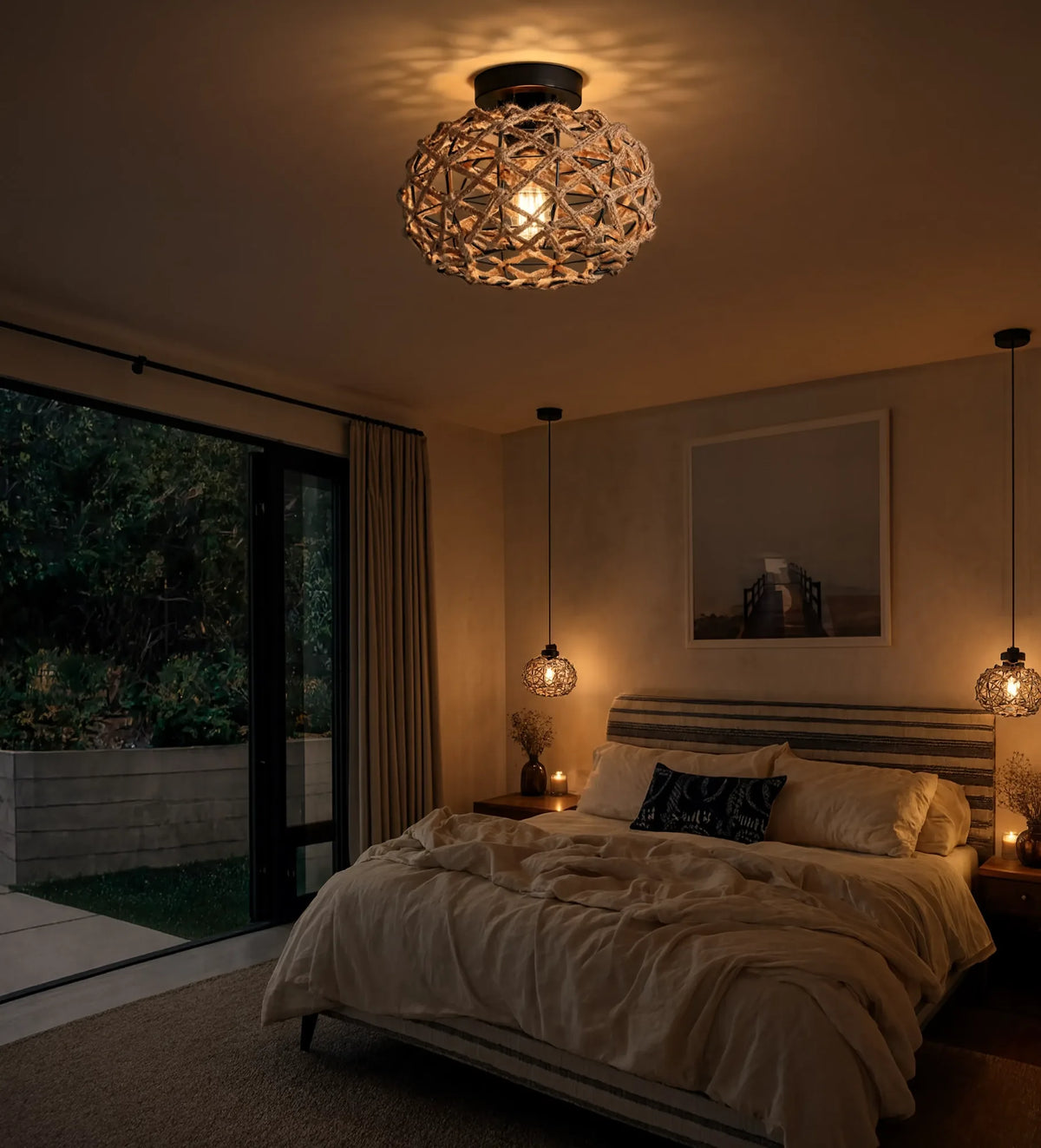 Symi knotted hemp rope dome ceiling light on a black steel frame – shown in a bedroom