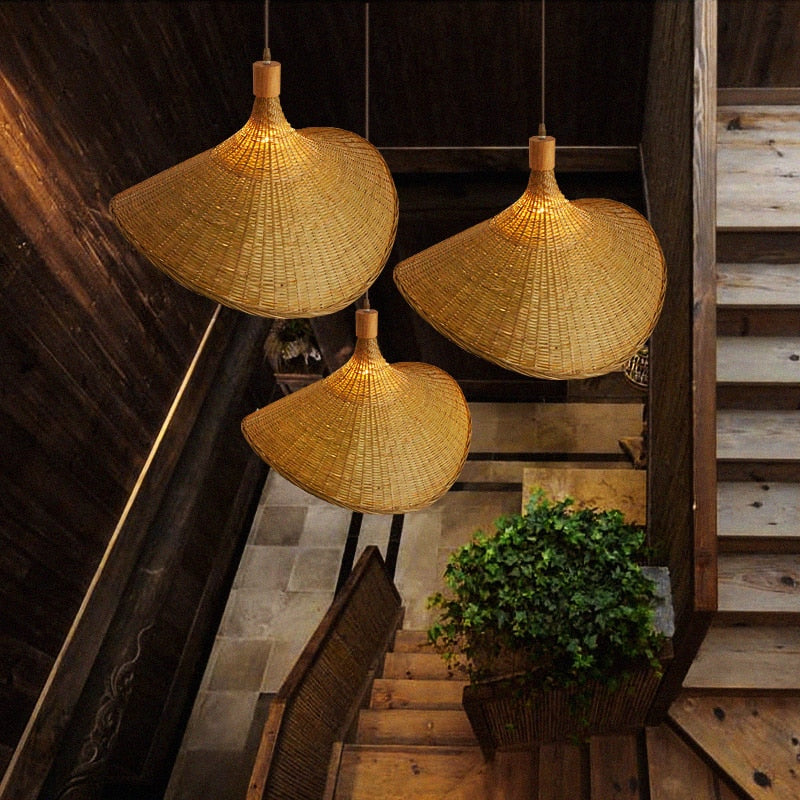 Round handmade rattan, bamboo and wicker ceiling light – shown in a room setting (2)