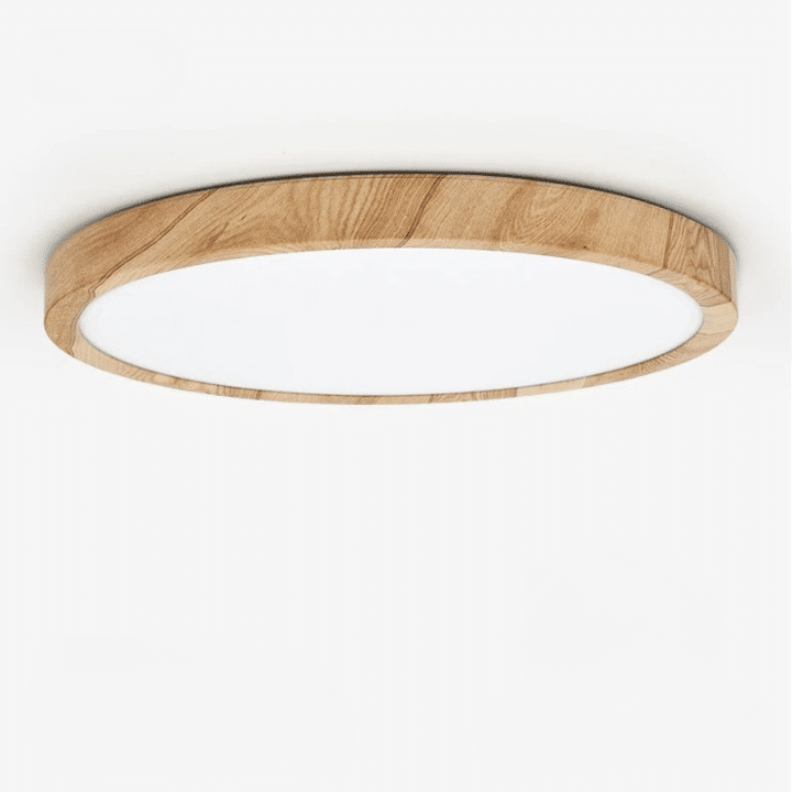 Round wood-look LED ceiling light on a discreet metal frame