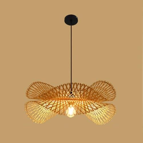 Handwoven spiral bamboo and rattan ceiling light – shown lit