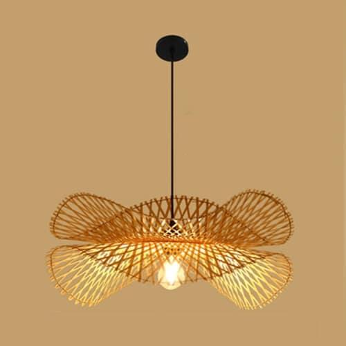 Handwoven spiral bamboo and rattan ceiling light – XL variant, shown lit