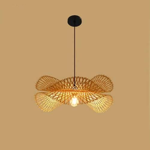 Handwoven spiral bamboo and rattan ceiling light – shown lit (3)