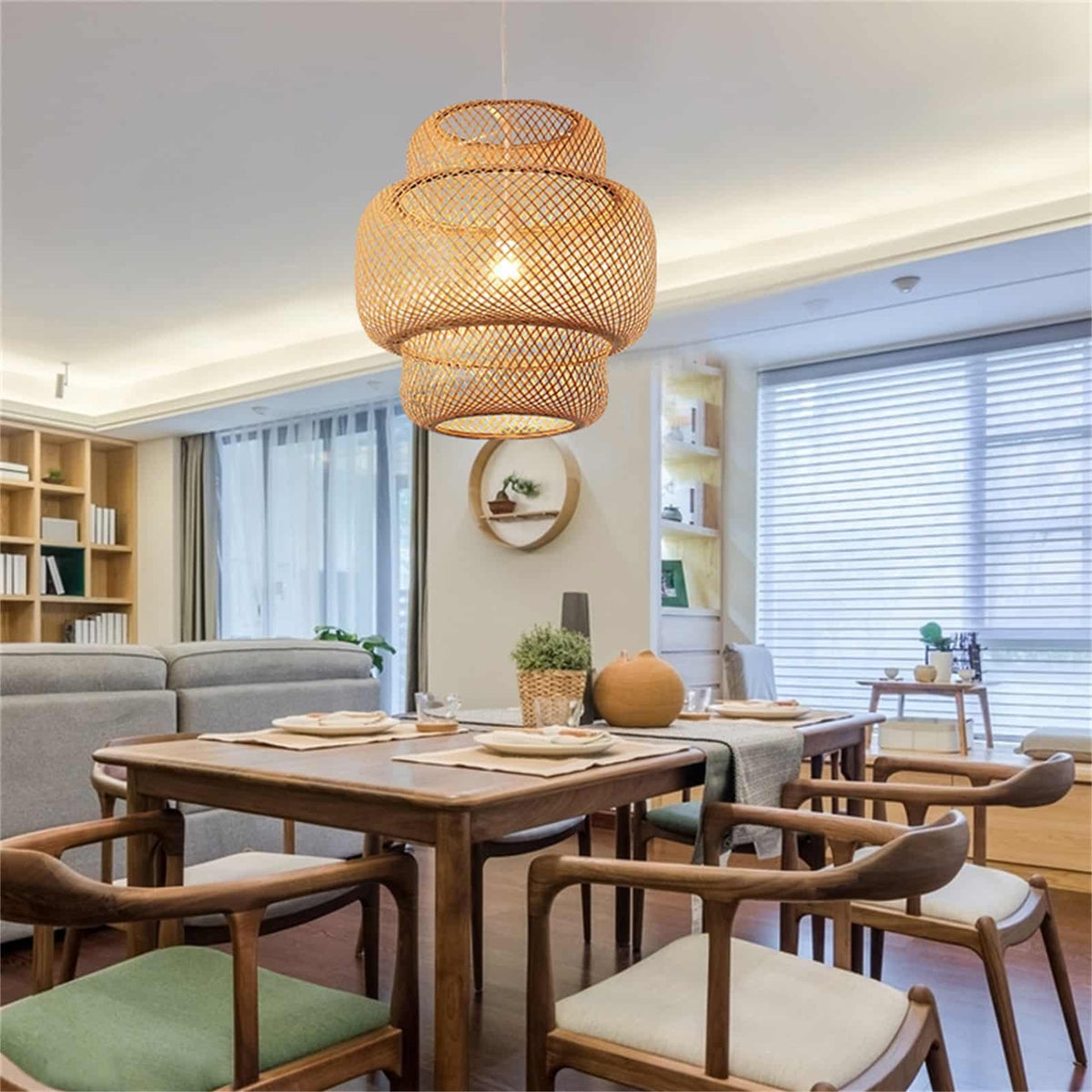 Modern handwoven honey bamboo ceiling light with a tight weave – shown in a room setting (2)